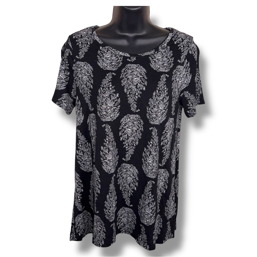 Medium Old Navy Black White Leaf Print Tee Tshirt Casual Boho Short Sleeve